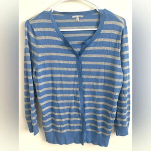 Halogen Women’s Cardigan Sweater Size Large Blue Gray Striped  Button Front Knit